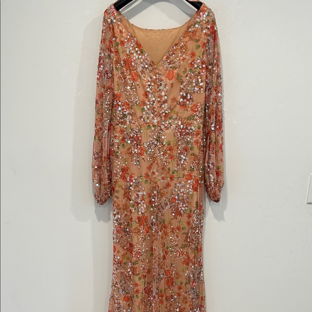 Mac Duggal Floral Maxi Long Sleeve Dress in apricot & sequin size 12 new women’s - Picture 8 of 12